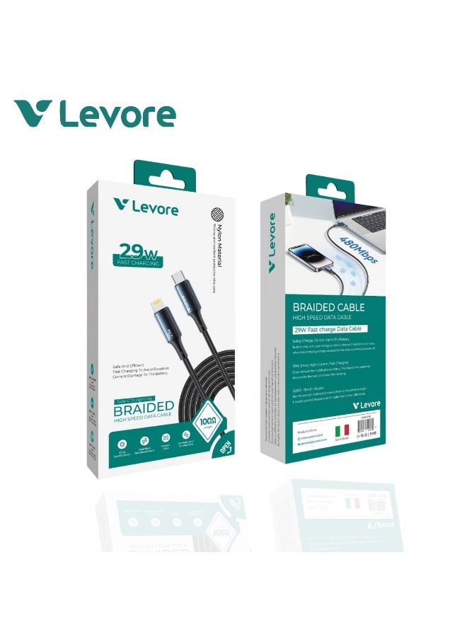 ليفور كابل LEVORE بطول 1 متر، مضفر من النايلون، بقدرة 29 واط، من نوع USB-C إلى Lightning، رقم الموديل LC8413-BL - Image 2